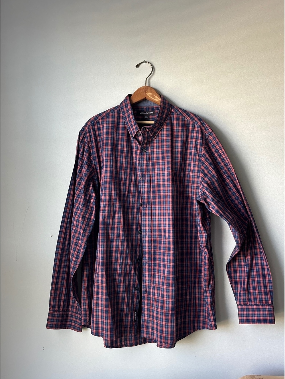 Michael Kors Men's Navy Coral Plaid Long Sleeve Button Down Shirt Size XL